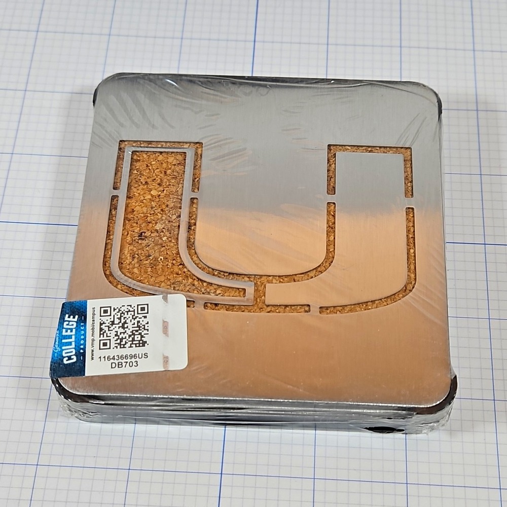 YouTheFan Miami Hurricanes 4pc Stainless Steel & Cork Square Coaster Set, 4in